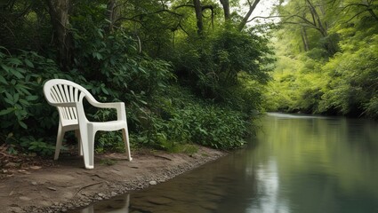chair at pond ,  AI Generated.