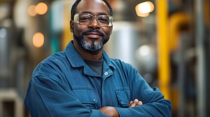 Fototapeta premium a skilled worker with safety glasses and crossed arms smiling in a factory setting.