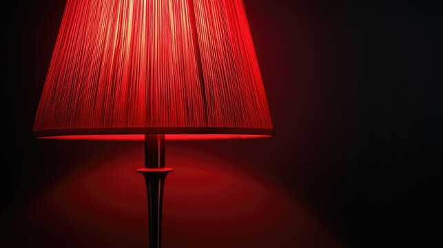 Modern table lamp shines with red light on a dark background.