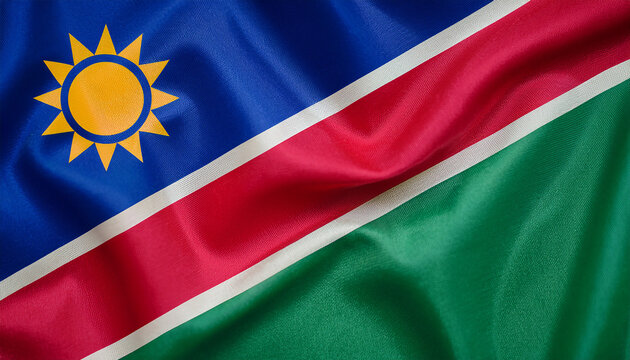 National flag of Namibia, silk fabric. Banner for celebrating Independence Day.