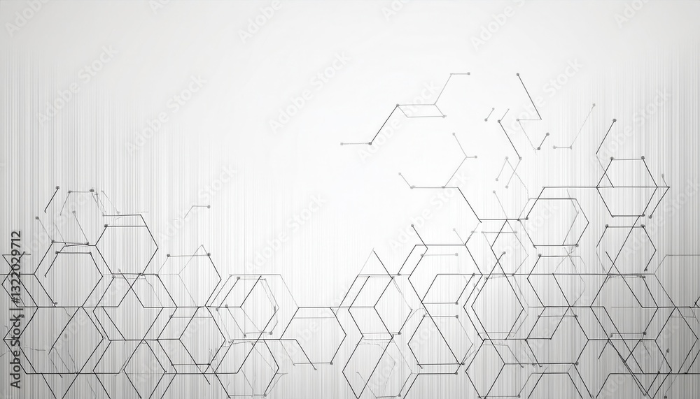 Poster abstract futuristic hexagonal molecular structure with connecting lines and nodes on a white background, ideal for technology, science, and innovation