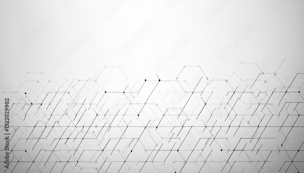 Poster abstract futuristic hexagonal molecular structure with connecting lines and nodes on a white background, ideal for technology, science, and innovation