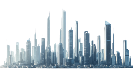 Futuristic skyline reaching for the sky on transparent background