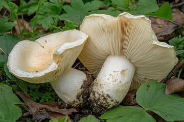 Close-up of Two Delicate Cream-Colored Mushrooms on Forest Floor