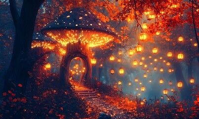 Obraz premium Glowing mushroom houses with lanterns in an enchanting forest scene