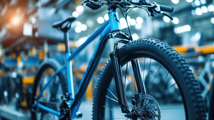 A blue bicycle rests on a production line, surrounded by tools and machinery in a bustling manufacturing facility. The environment highlights efficient assembly operations and quality control