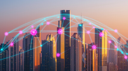 Cityscape at sunset, overlaid with a network of glowing lines and nodes, symbolizing global connectivity and technological advancement