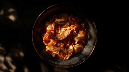 Dark food photography of a beautifully plated kimchi serving, with deep shadows and focused highlights creating a sophisticated aesthetic