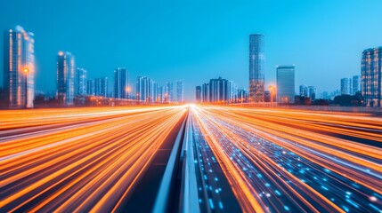 Fototapeta premium Futuristic Skyline of Illuminated Smart City with Blurred Motion Trails