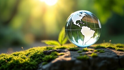 A glass globe sitting on top of a moss covered rock.