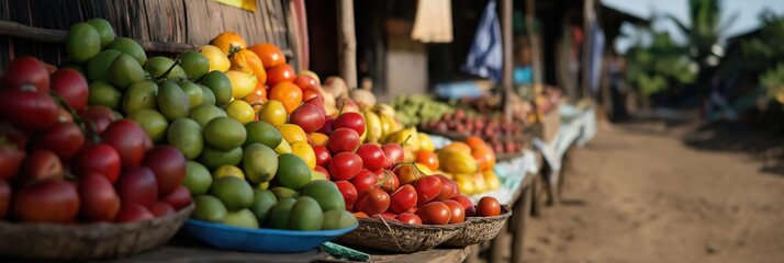 Obraz premium A colorful outdoor market stall brimming with fresh fruits showcases local produce, community engagement, and the rich diversity and flavors associated with healthy eating.