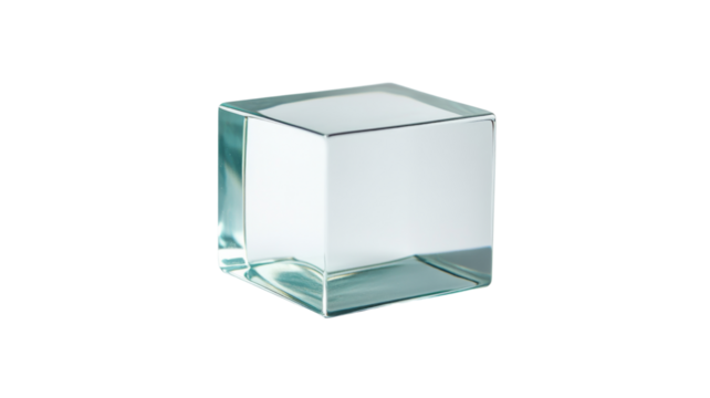 Transparent glass cube rotating on transparent background