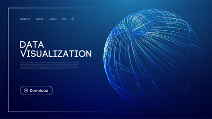 Data visualization technology with abstract glowing sphere, futuristic blue background, big data analytics, digital network representation, and modern UI design for insights and information processing