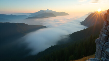 Obraz premium Majestic Summit Overlooking Layers of Misty Valleys