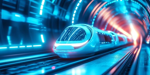 Futuristic Train Speeding Through Illuminated Tunnel Creating a Sense of Travel