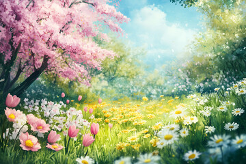 Fototapeta premium spring flowers in the garden, watercolor wallpaper