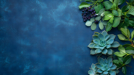 Lush Succulents and Berries on Blue Background with Copy Space