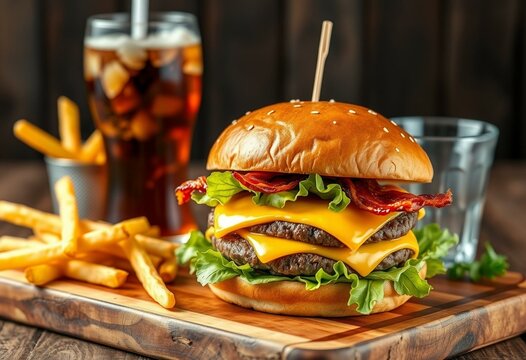 Delicious hamburger with crispy bacon and melted cheese