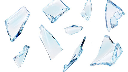Shattered glass shards falling on transparent background