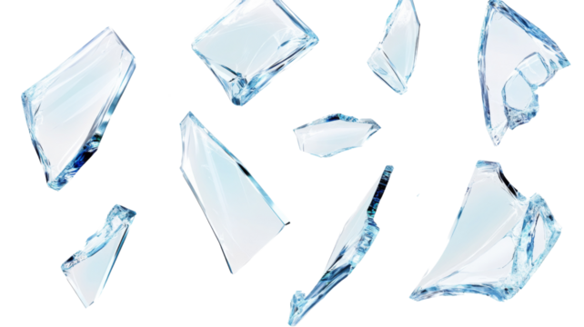Shattered glass shards falling on transparent background