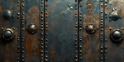 Fototapeta premium Close-up of an aged metal door with rusted rivets and an industrial texture. Ideal for steampunk designs, backgrounds, and architectural themes. Perfect for vintage, grunge, and retro aesthetics.