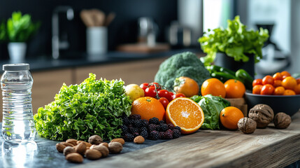 A vibrant still-life composition showcasing fresh, organic fruits and vegetables