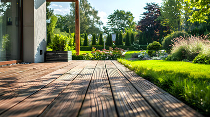 A wooden deck with a view of a garden