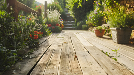 A wooden deck with a flower garden in front of it