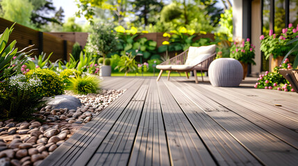 Fototapeta premium A wooden deck with a stone pathway and a lawn