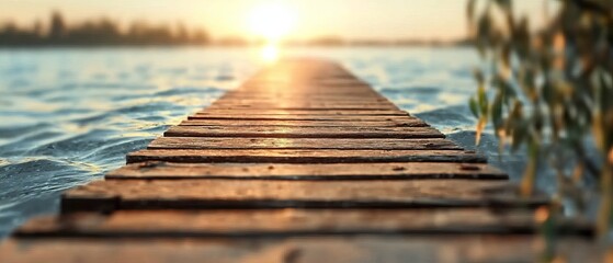 A serene wooden pier leading towards a glowing sunset over calm waters.