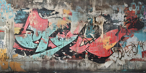 Fototapeta premium A vibrant graffiti artwork on an old concrete wall with peeling paint and raw textures. Perfect for urban backgrounds, street art concepts, and creative design projects.