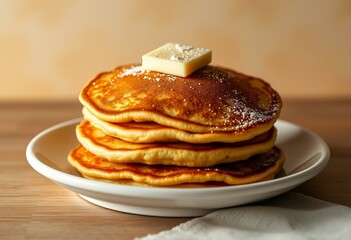 Fluffy pancakes with butter and powdered sugar