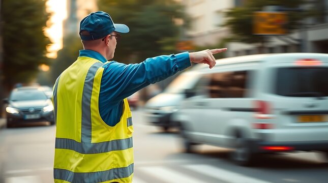 A Traffic Controller Confidently Directs Traffic On A Busy City Street, His Bright Yellow Vest A Beacon Of Safety Amidst The Blur Of Passing Vehicles