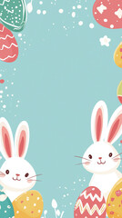 Easter greeting card background with cute bunny and colorful easter eggs. Vector illustration, easter day advertising.