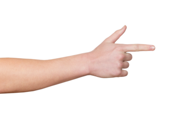 Male hand with index finger pointing to something, thumb up. PNG isolated on transparent background