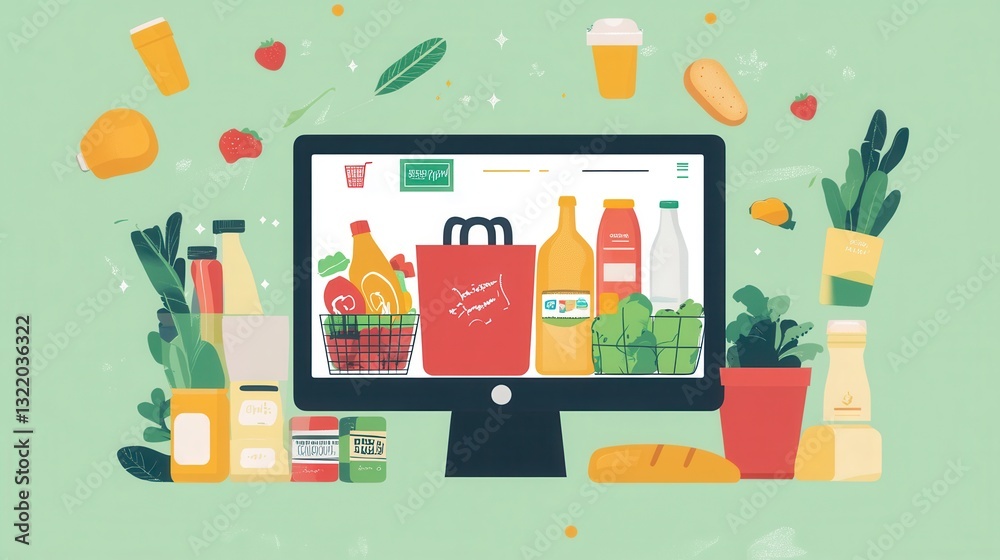 Aufkleber stylized online grocery order summary showcased on a digital screen with vibrant elements representi