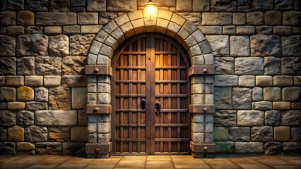 Ancient Wooden Doorway in Stone Wall at Night