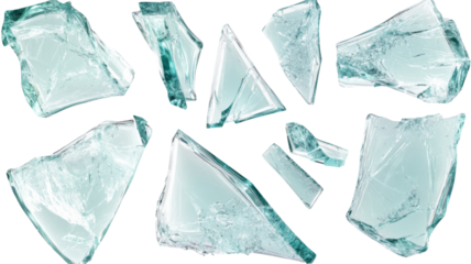 Shattered glass shards falling on transparent background