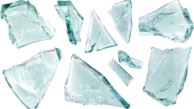 Shattered glass shards falling on transparent background