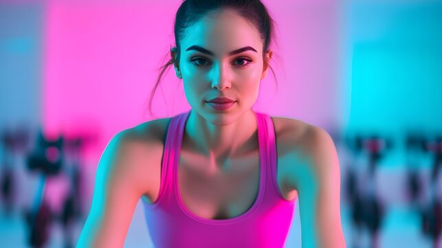 Determined woman participating in a dynamic indoor cycling class in a neon lit studio