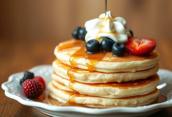 Golden-brown pancakes with fresh berries and whipped cream