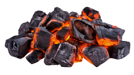Glowing embers: pile of burning charcoal on transparent background