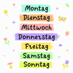 Handwritten names of the days of the week in German. Monday, tuesday etc. Die Wochentage sind auf Deutsch. Montag, Dienstag etc. Vector calligraphy words for calendars and organizers