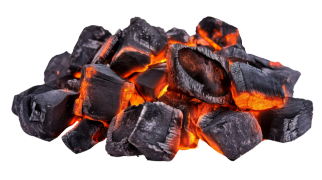 Glowing embers: pile of burning charcoal on transparent background