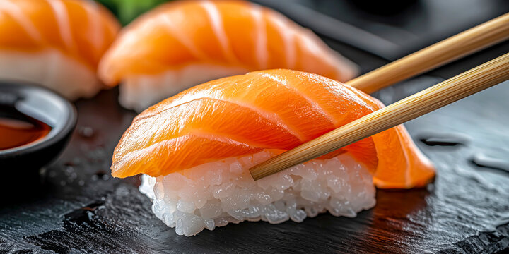 A close-up of fresh salmon nigiri sushi being picked up with chopsticks served on a black slate plate with soy sauce in the background - japanese food concept