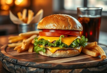 A delicious hamburger with melted cheese and fresh vegetables