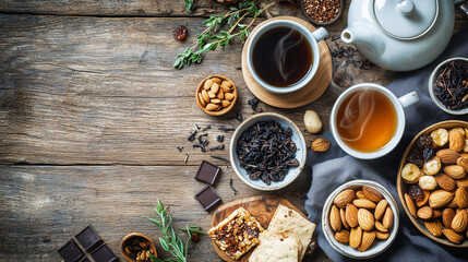 arranged flat lay composition featuring artisan coffee and premium loose-leaf tea,