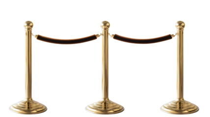 Golden stanchions with red velvet rope barrier on transparent background
