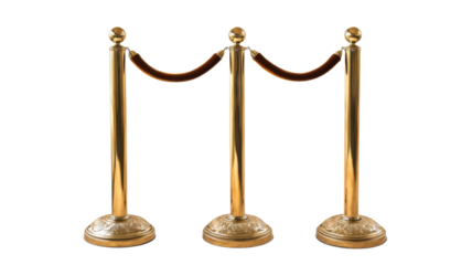 Golden stanchions with red velvet rope forming a barrier on transparent background