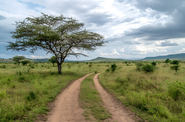 Obraz premium Serene Savannah Trail: A winding dirt path leads through the expansive savanna, under a cloudy sky, with lone trees and rolling hills in the distance, capturing the vastness of the African wilderness.